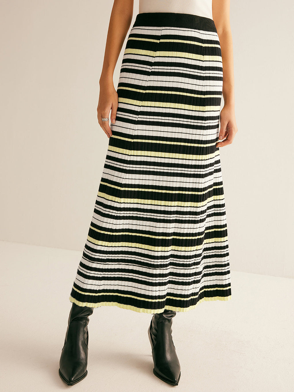 Women's Striped Knit Midi Skirt – Ribbed Pull On Skirt