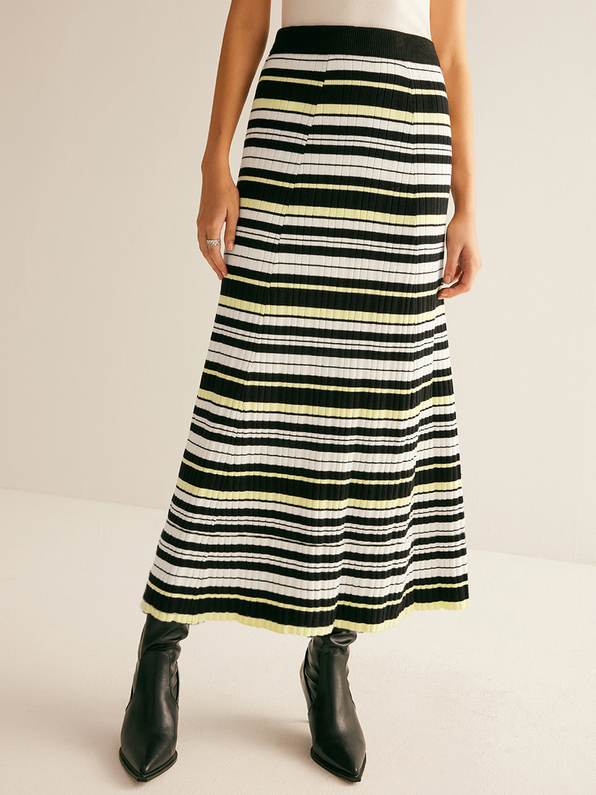 Women's Striped Knit Midi Skirt – Ribbed Pull On Skirt