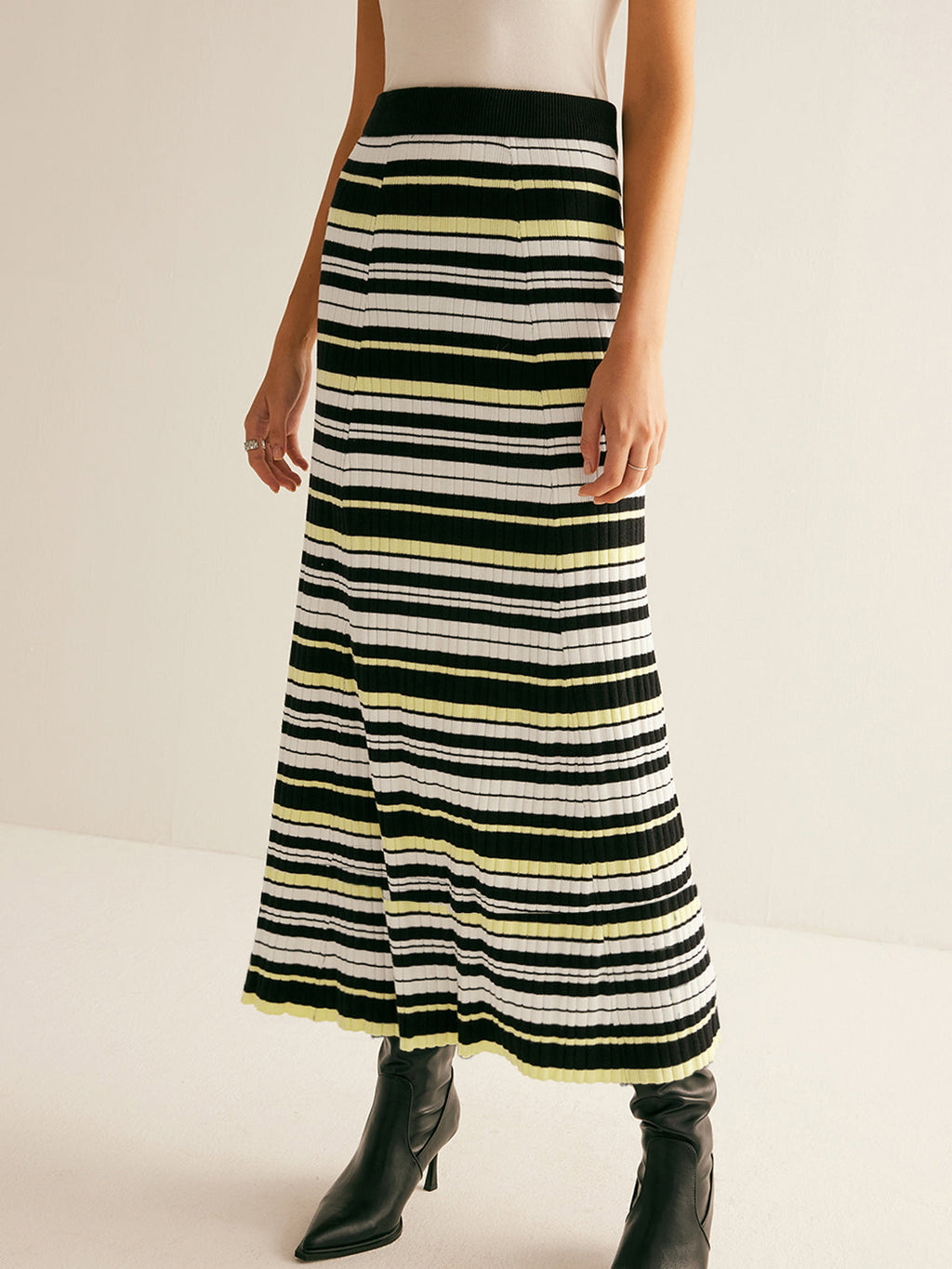 Women's Striped Knit Midi Skirt – Ribbed Pull On Skirt