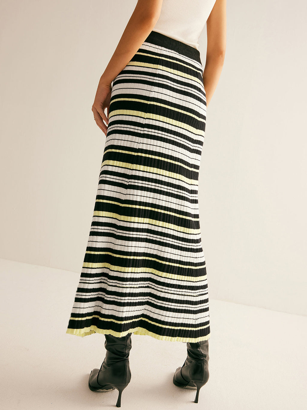 Women's Striped Knit Midi Skirt – Ribbed Pull On Skirt