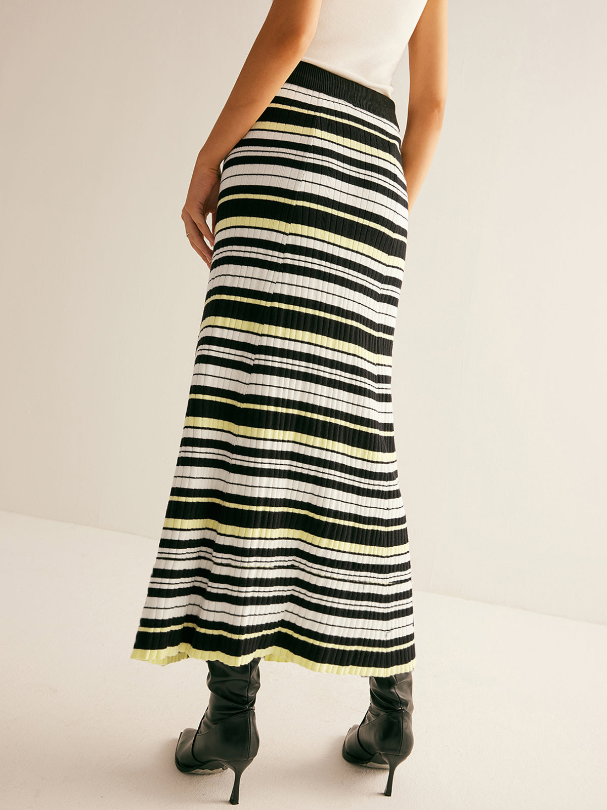 Women's Striped Knit Midi Skirt – Ribbed Pull On Skirt