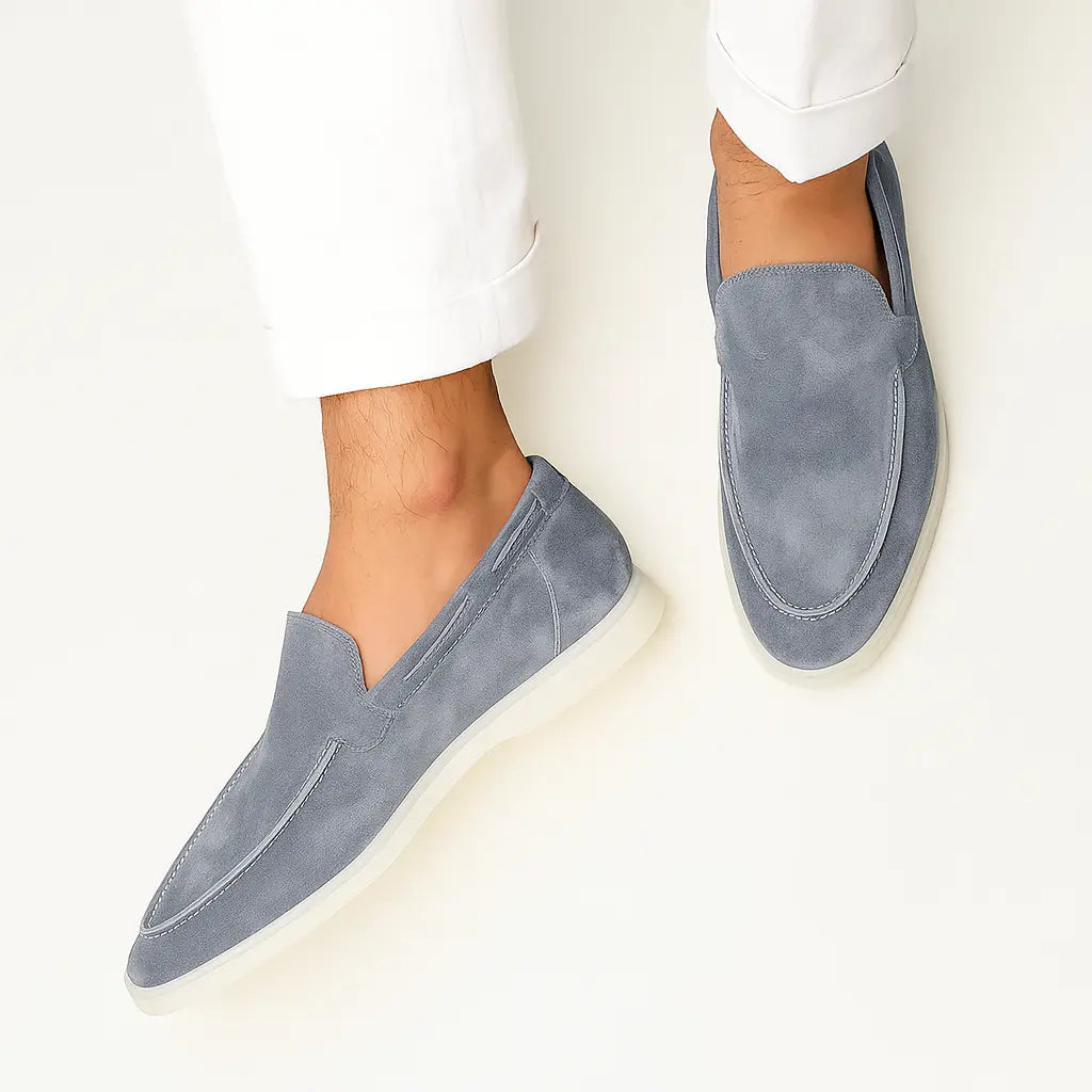 Men's Suede Loafers – Dusty Blue Slip On Shoes with White Sole