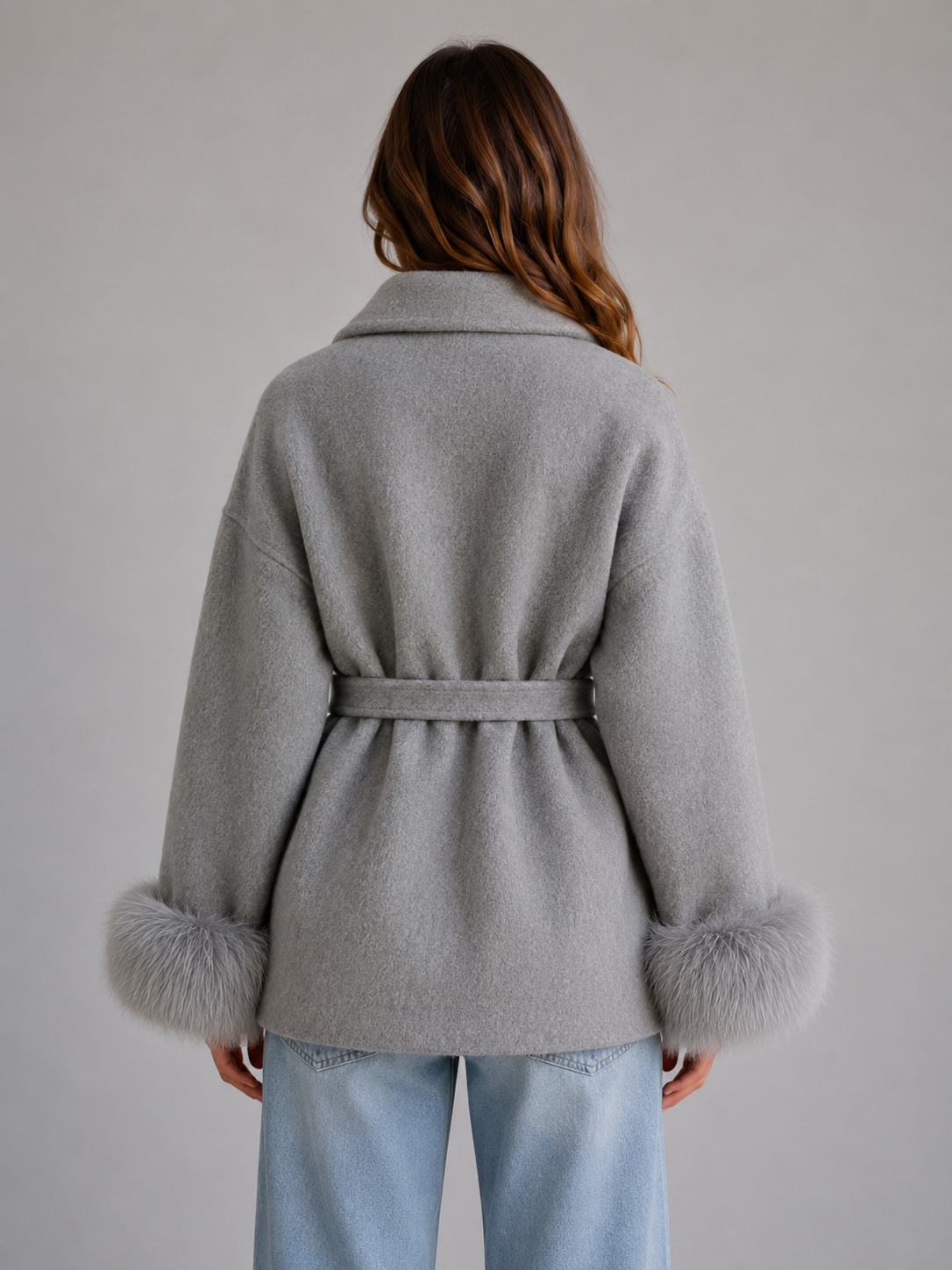 Women's Belted Wool Blend Coat – Faux Fur Trim Wrap Coat
