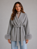 Women's Belted Wool Blend Coat – Faux Fur Trim Wrap Coat