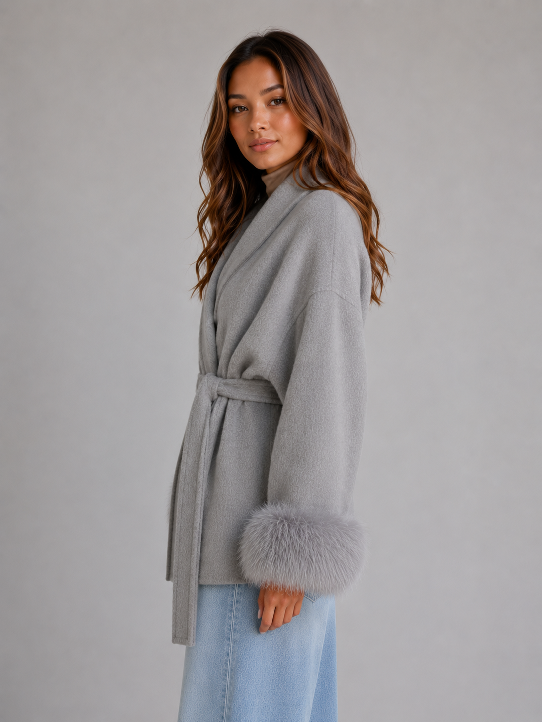 Women's Belted Wool Blend Coat – Faux Fur Trim Wrap Coat