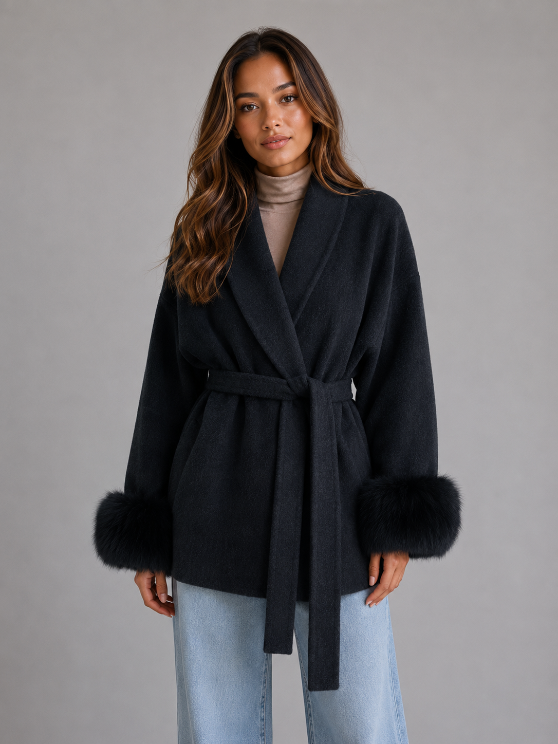 Women's Belted Wool Blend Coat – Faux Fur Trim Wrap Coat