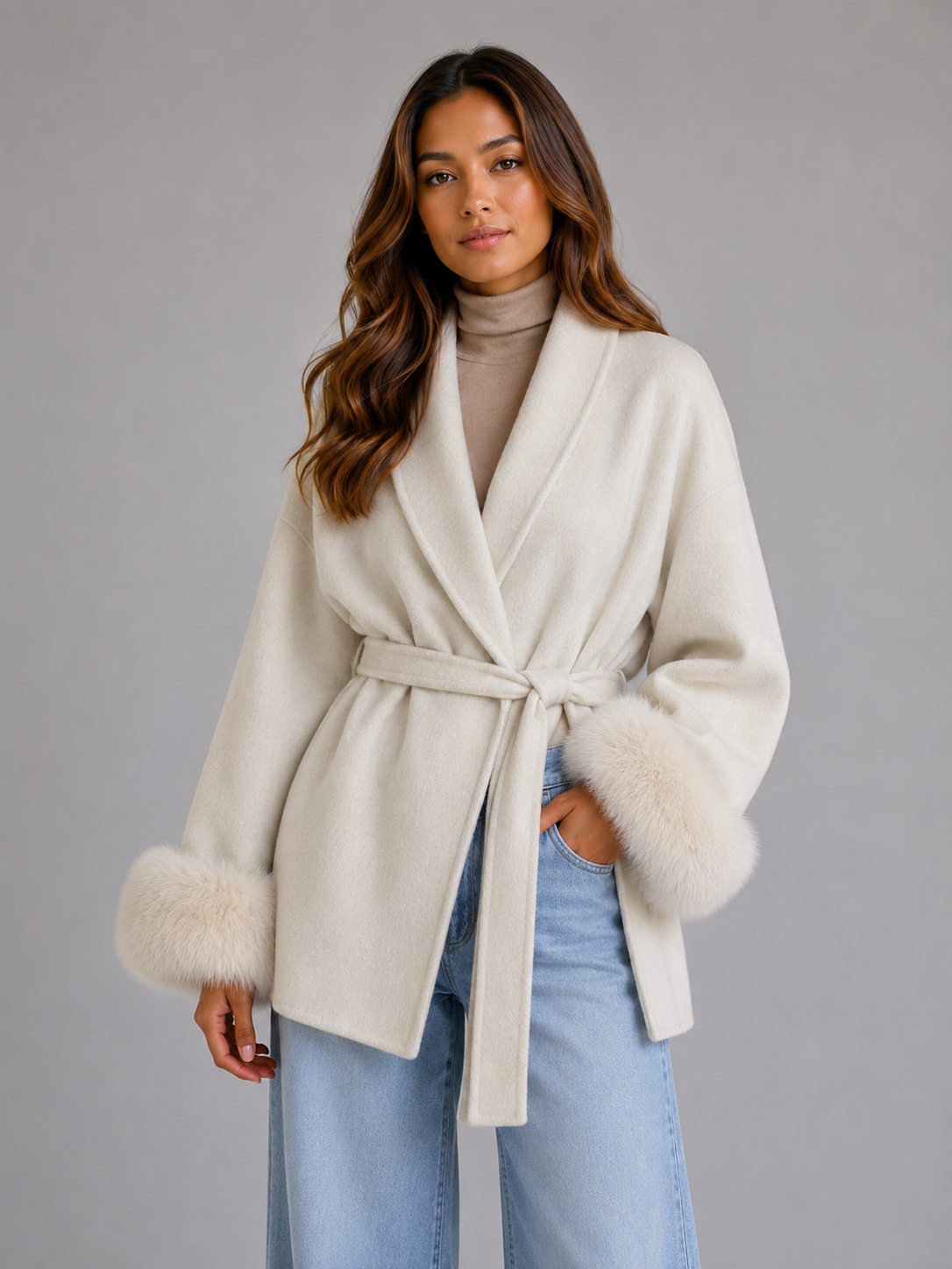 Women's Belted Wool Blend Coat – Faux Fur Trim Wrap Coat