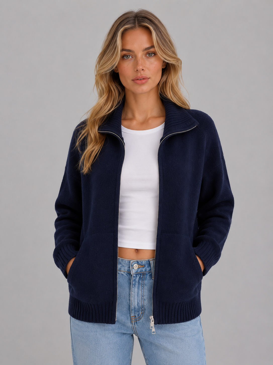 Women's Zip Up Knitted Sweater – Soft Funnel Neck Knit Jacket