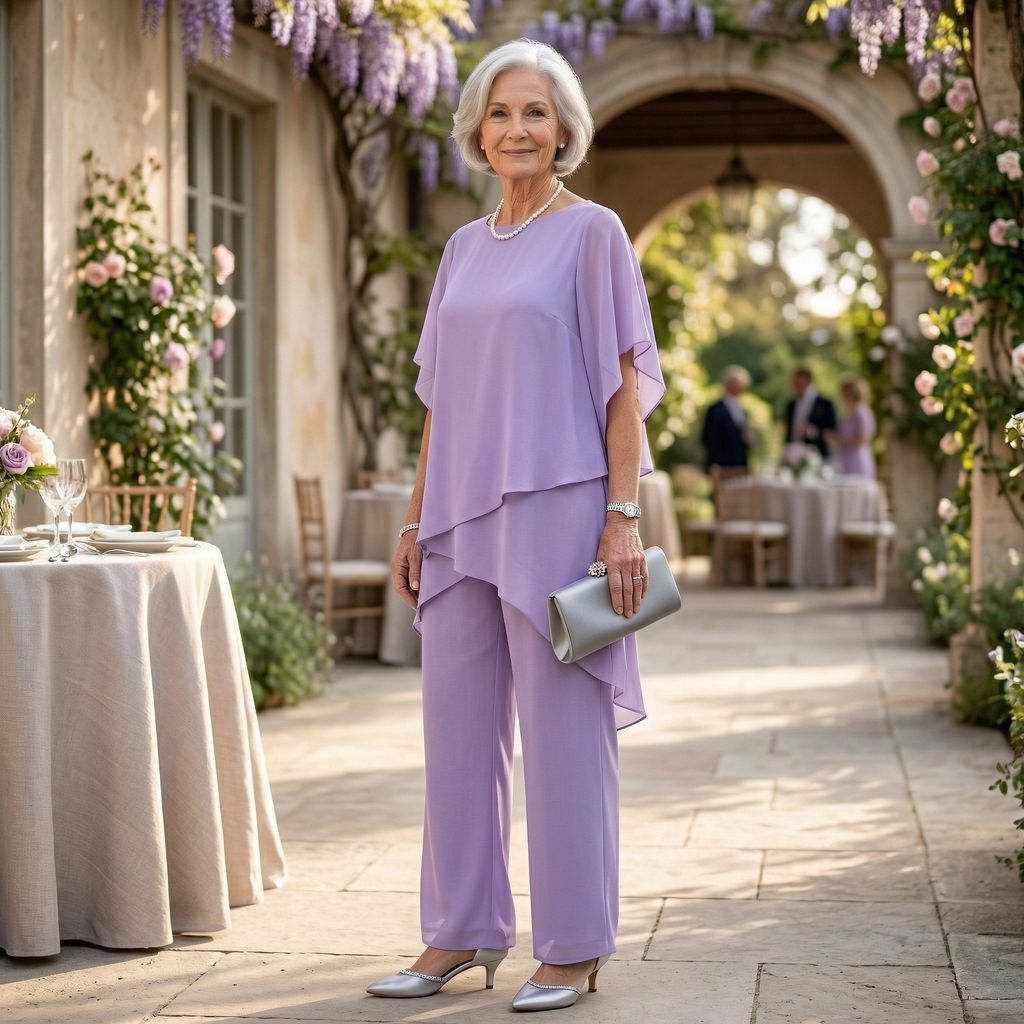 Women's Chiffon Two Piece Set Layered Tunic and Wide Leg Trousers