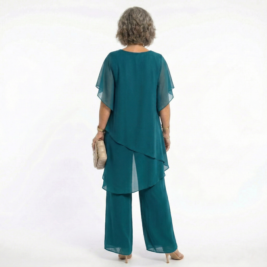Layered chiffon tunic detail with flutter sleeve, close up