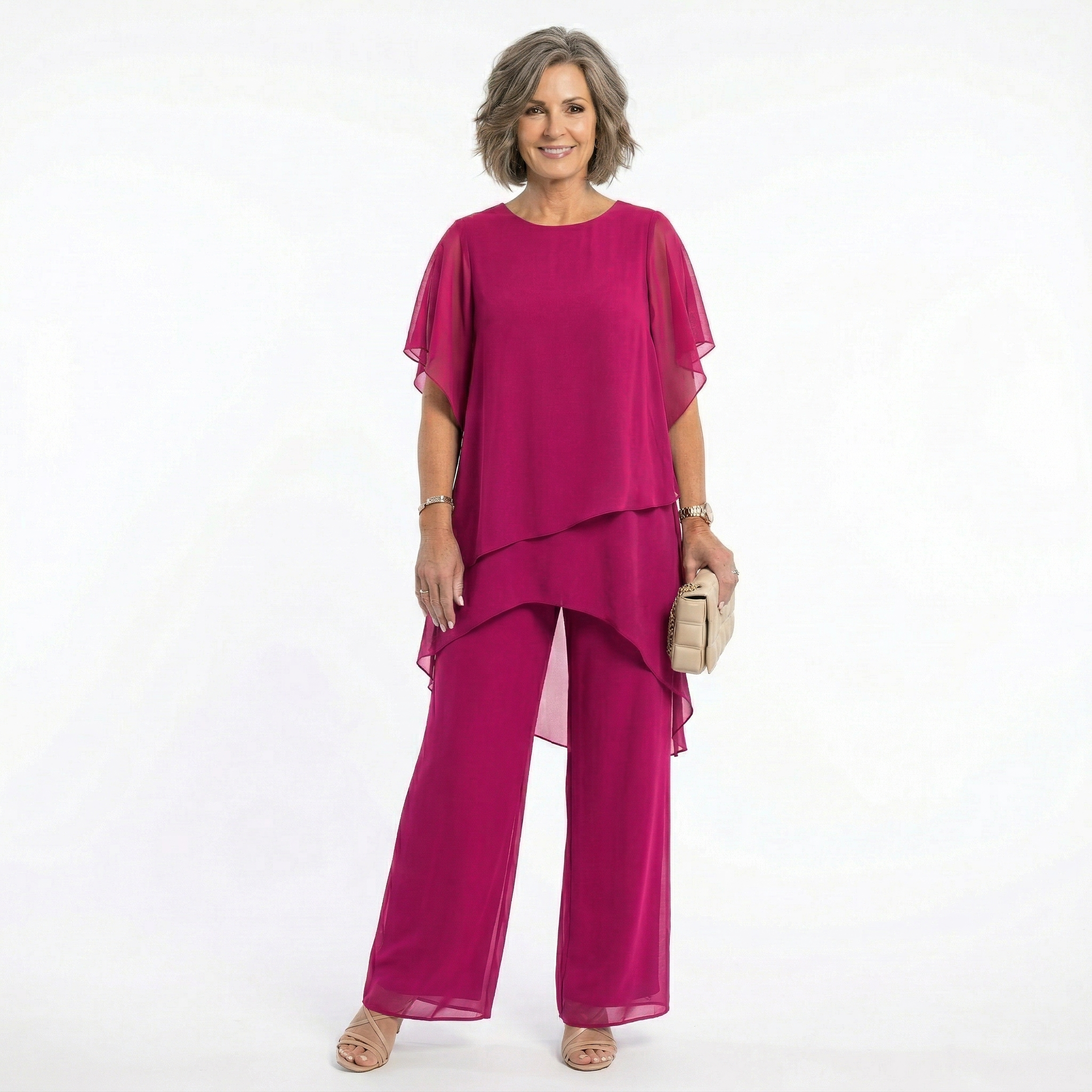 Chiffon two piece set showing asymmetric tunic hem