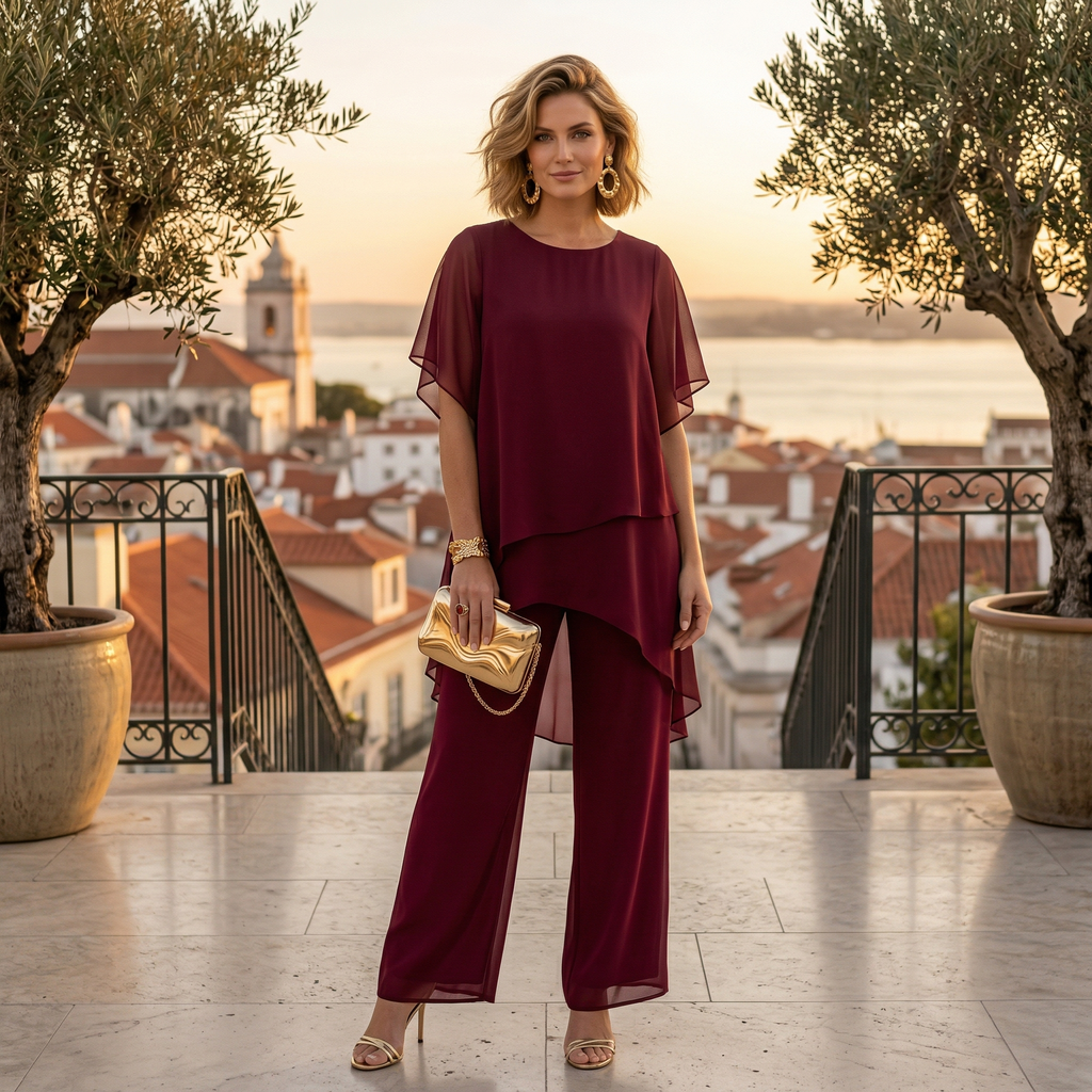 Women's Chiffon Two Piece Set Layered Tunic and Wide Leg Trousers