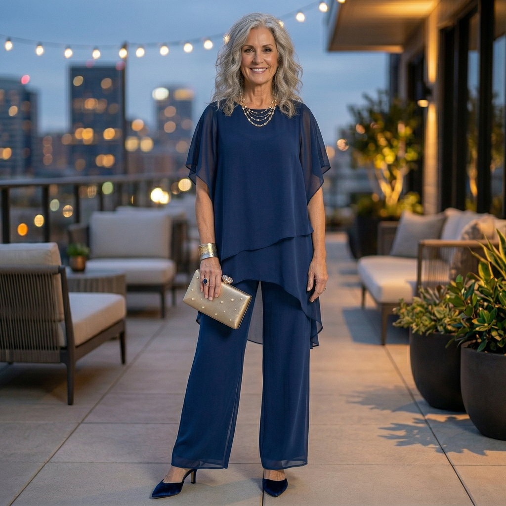 Women's Chiffon Two Piece Set Layered Tunic and Wide Leg Trousers