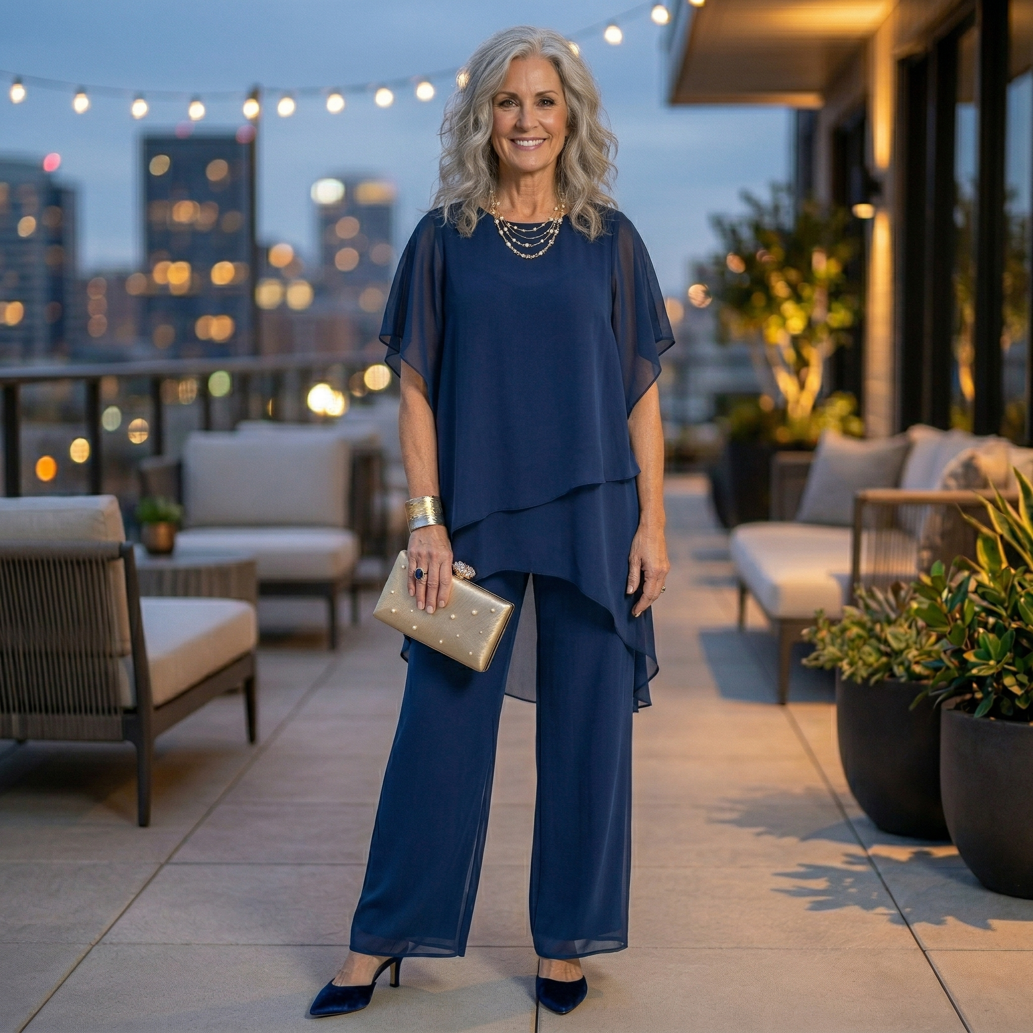 Women's Chiffon Two Piece Set Layered Tunic and Wide Leg Trousers