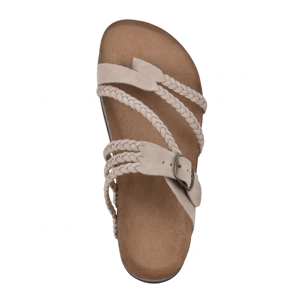 Woman wearing braided strap cork footbed sandals, outdoor setting