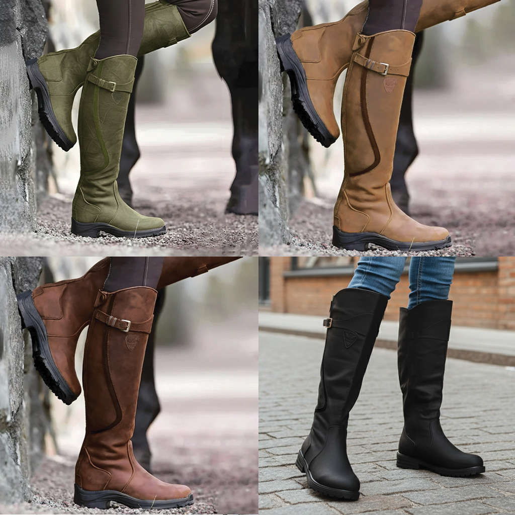 Women's Knee High Riding Boots – Buckled Strap with Lugged Sole