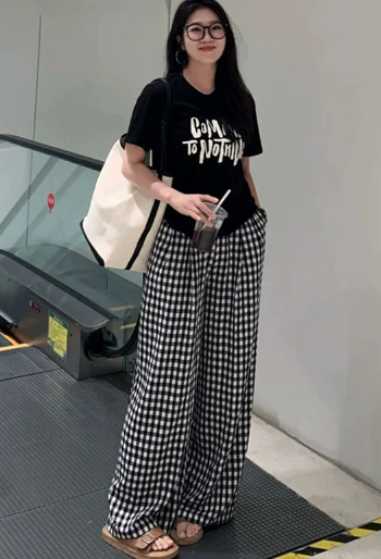 Women's Wide Leg Trousers in black check – Gingham Check Palazzo Trousers