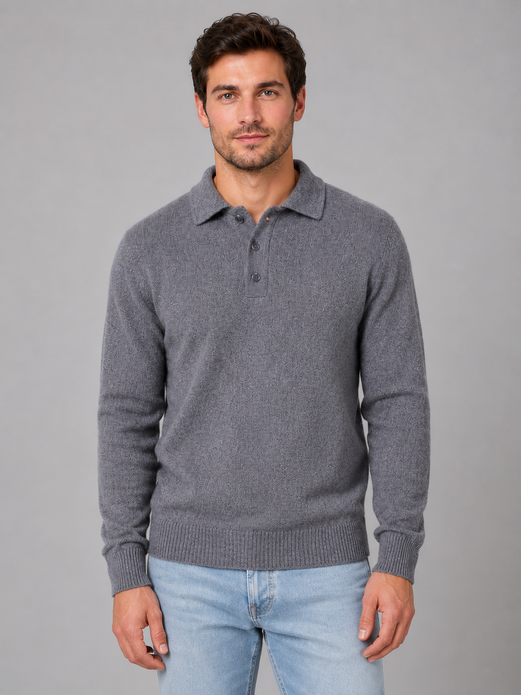 Men's Polo Knit Jumper – Button Long Sleeve Sweater