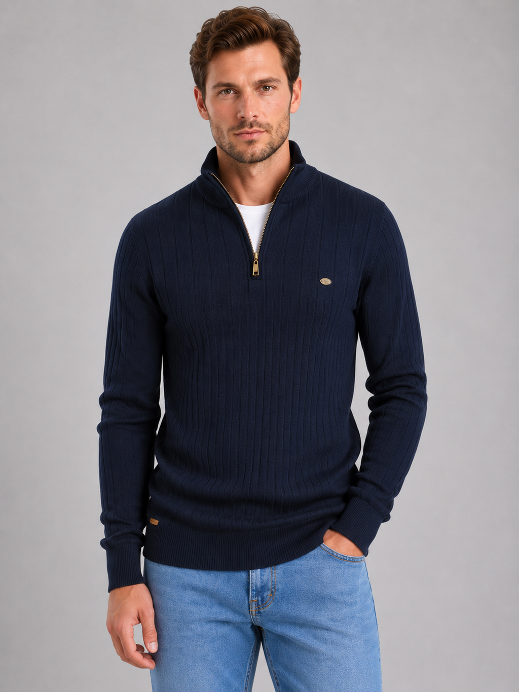 Men's Quarter Zip Ribbed Knit Jumper – Funnel Neck Sweater