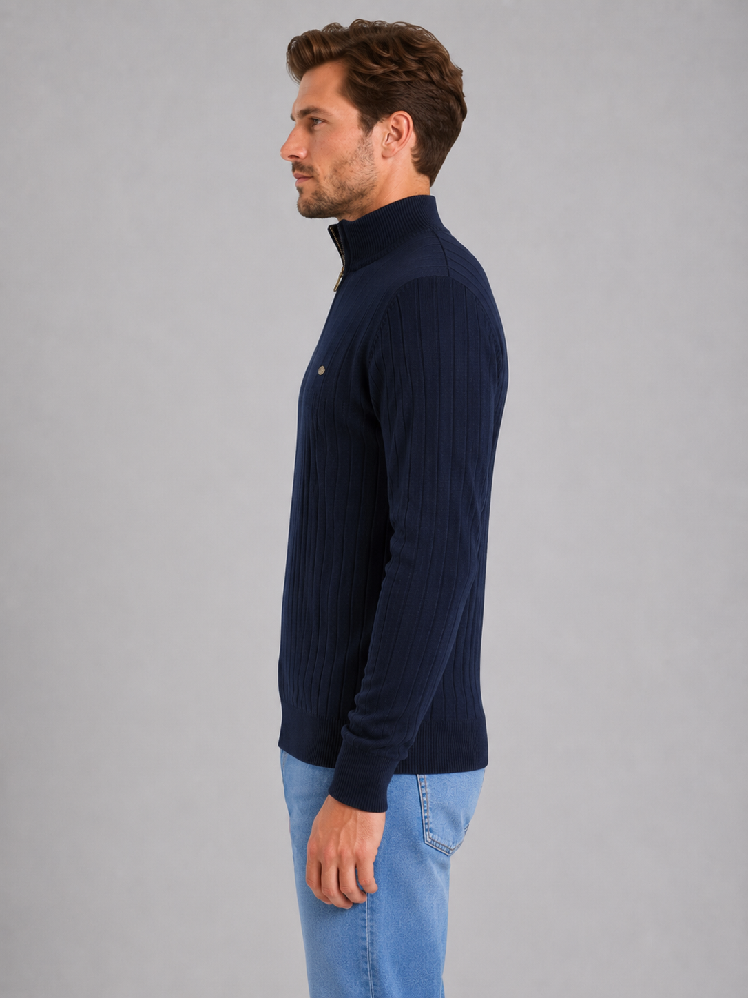 Men's Quarter Zip Ribbed Knit Jumper – Funnel Neck Sweater