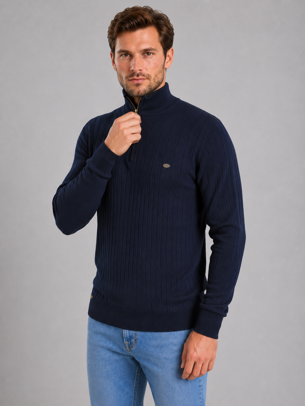 Men's Quarter Zip Ribbed Knit Jumper – Funnel Neck Sweater