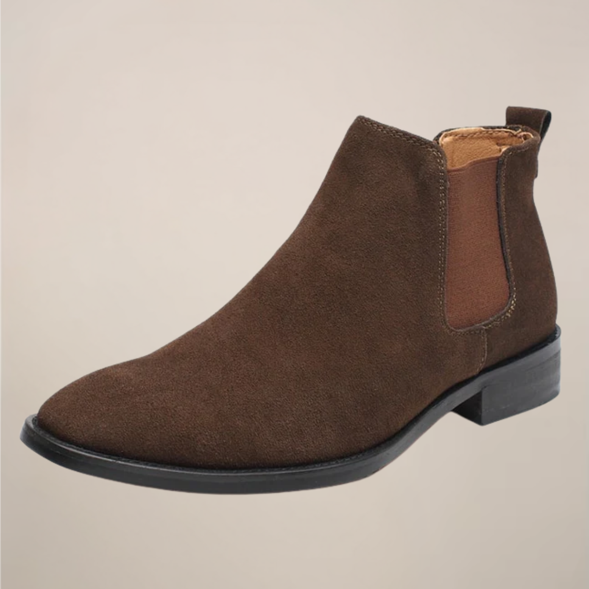 Men's brown suede look Chelsea boots worn with chinos