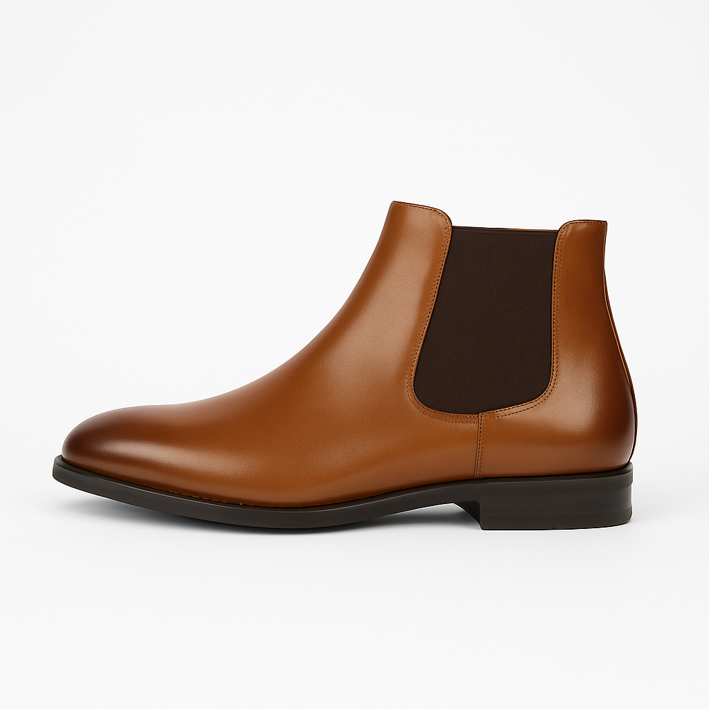 Classic Chelsea boots shown from the side with almond toe