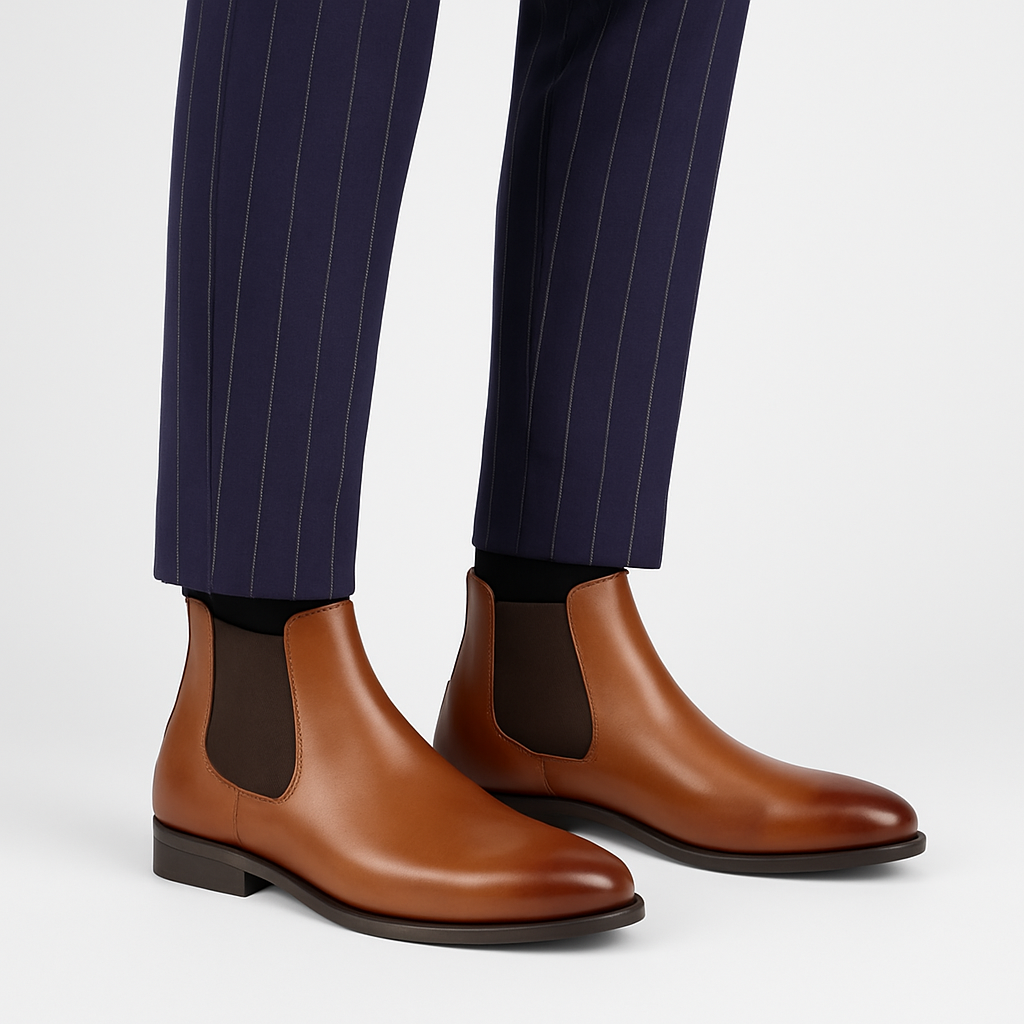 Detail of the rear pull tab and heel on men's Chelsea boots