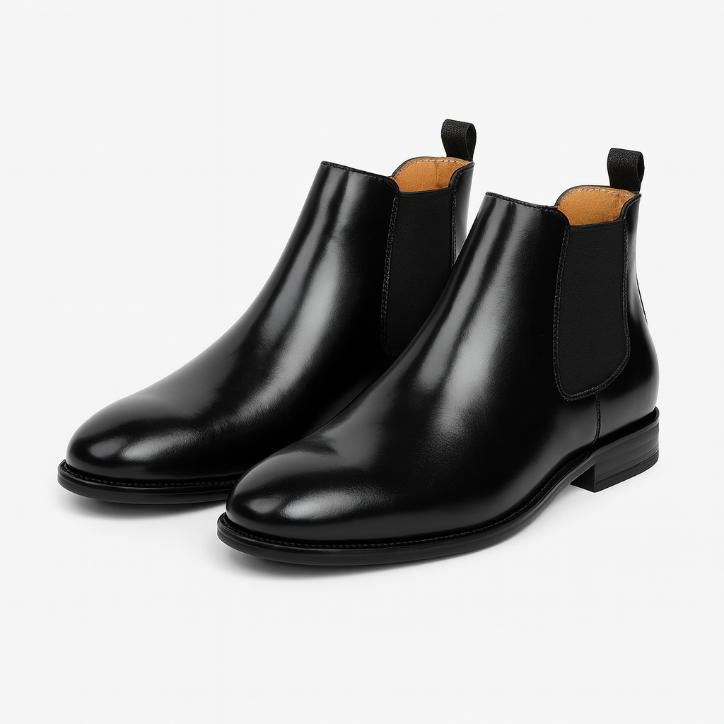 Men's black classic Chelsea boots in a smooth leather look finish