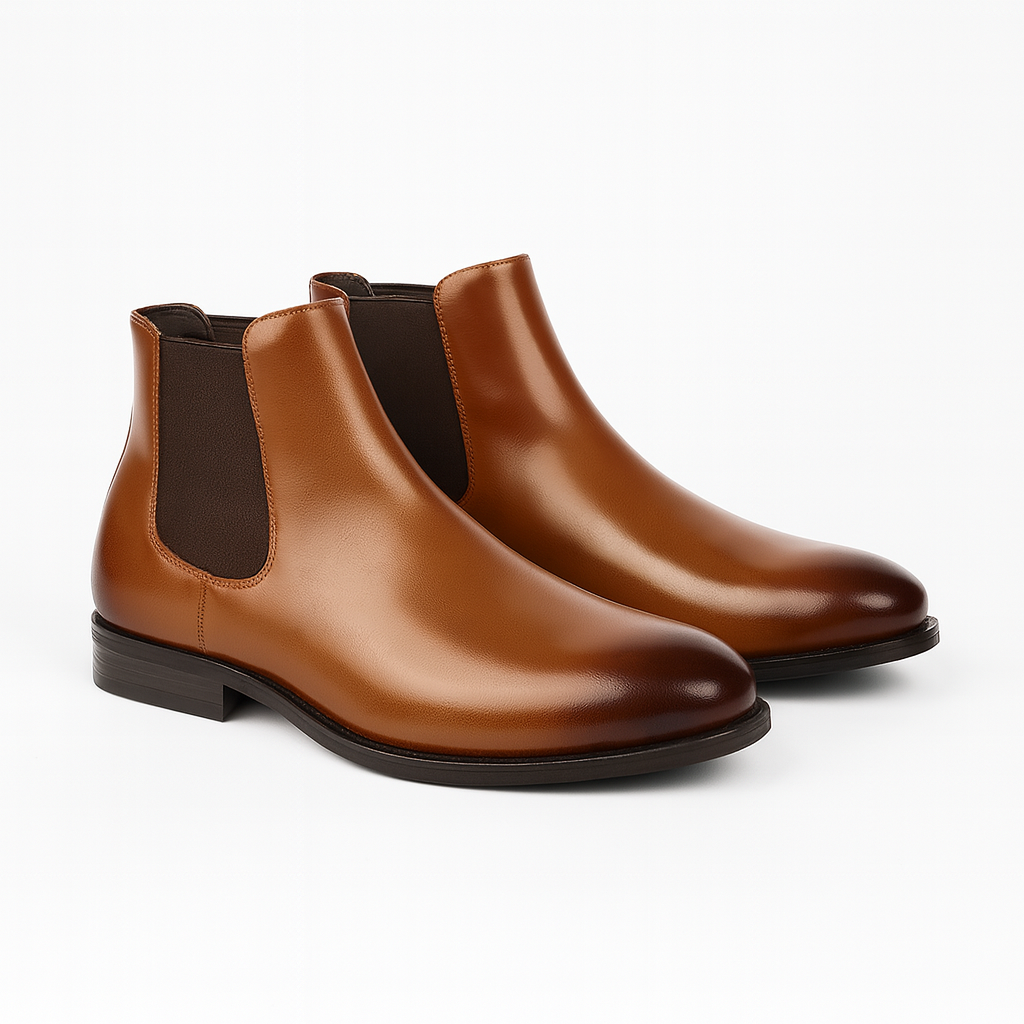Men's brown classic Chelsea boots with flush elastic side gussets