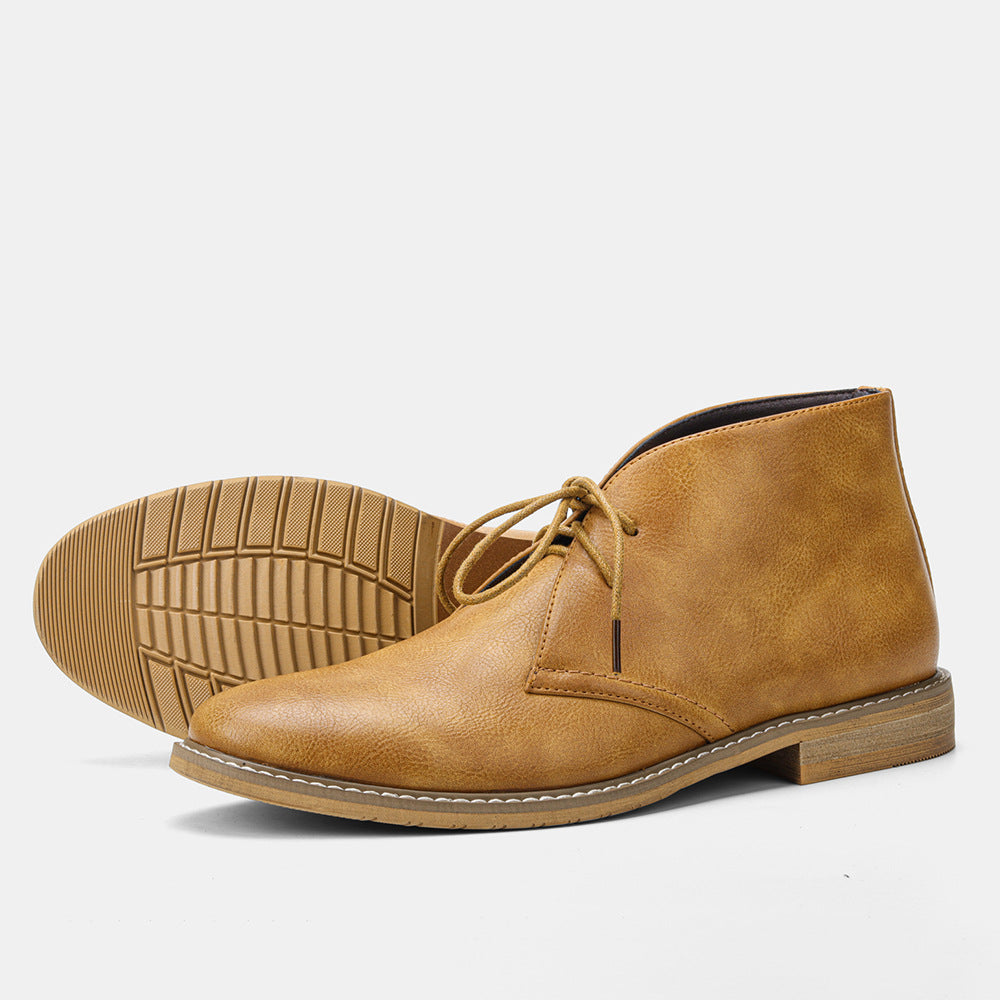 Men's dark brown chukka desert boots shown from the side