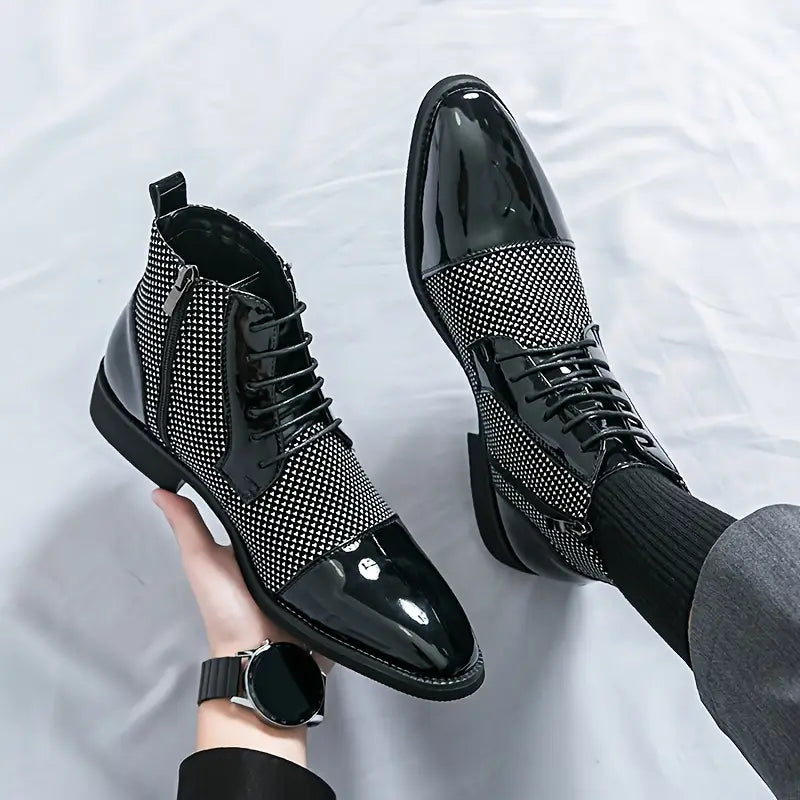Men's Patent Cap Toe Boots – Textured Panel Lace Up Ankle Boots