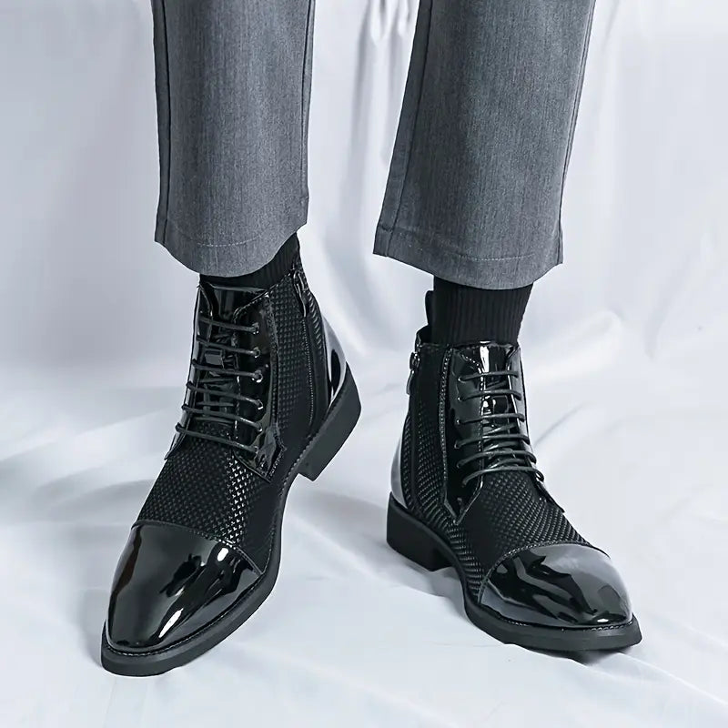 Men's Patent Cap Toe Boots – Textured Panel Lace Up Ankle Boots
