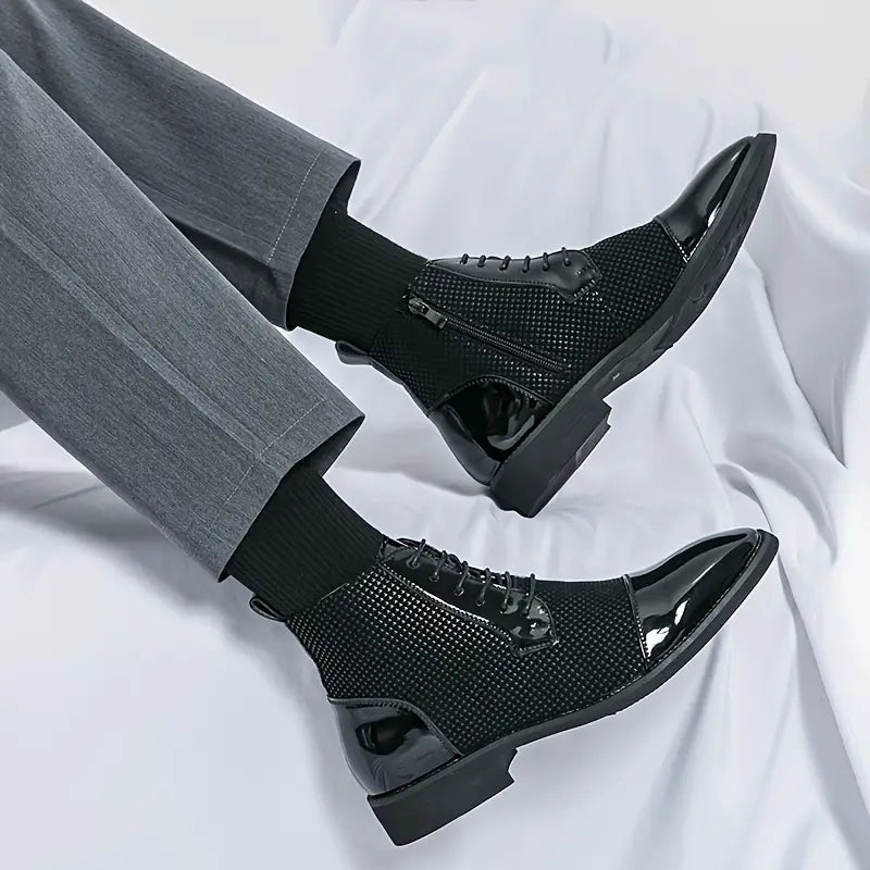 Men's Patent Cap Toe Boots – Textured Panel Lace Up Ankle Boots