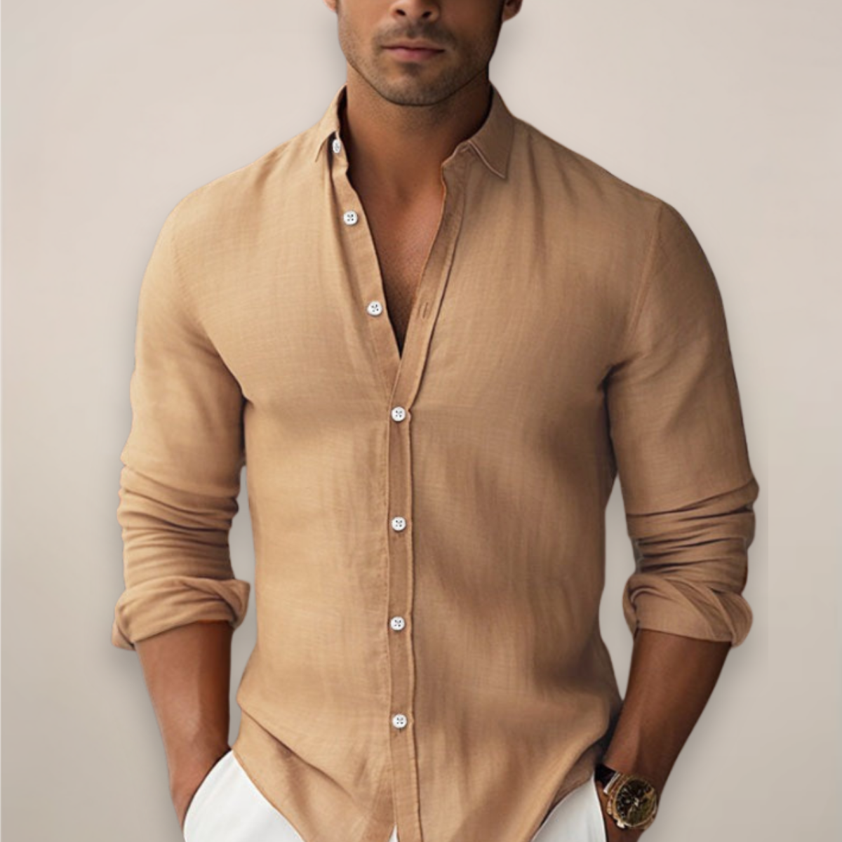 Men's Band Collar Shirt in Khaki
