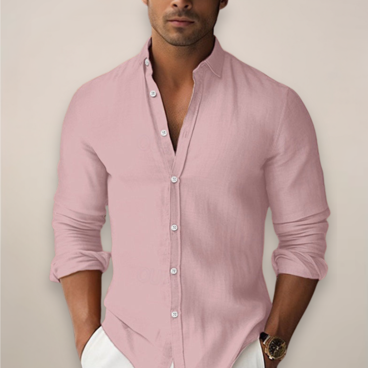 Men's Band Collar Shirt in Pink