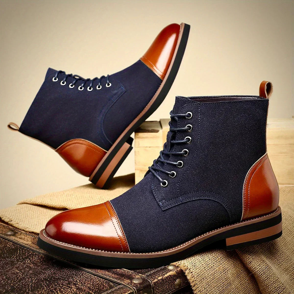 Men's Two Tone Cap Toe Boots – Suede Look Lace Up Ankle Boots