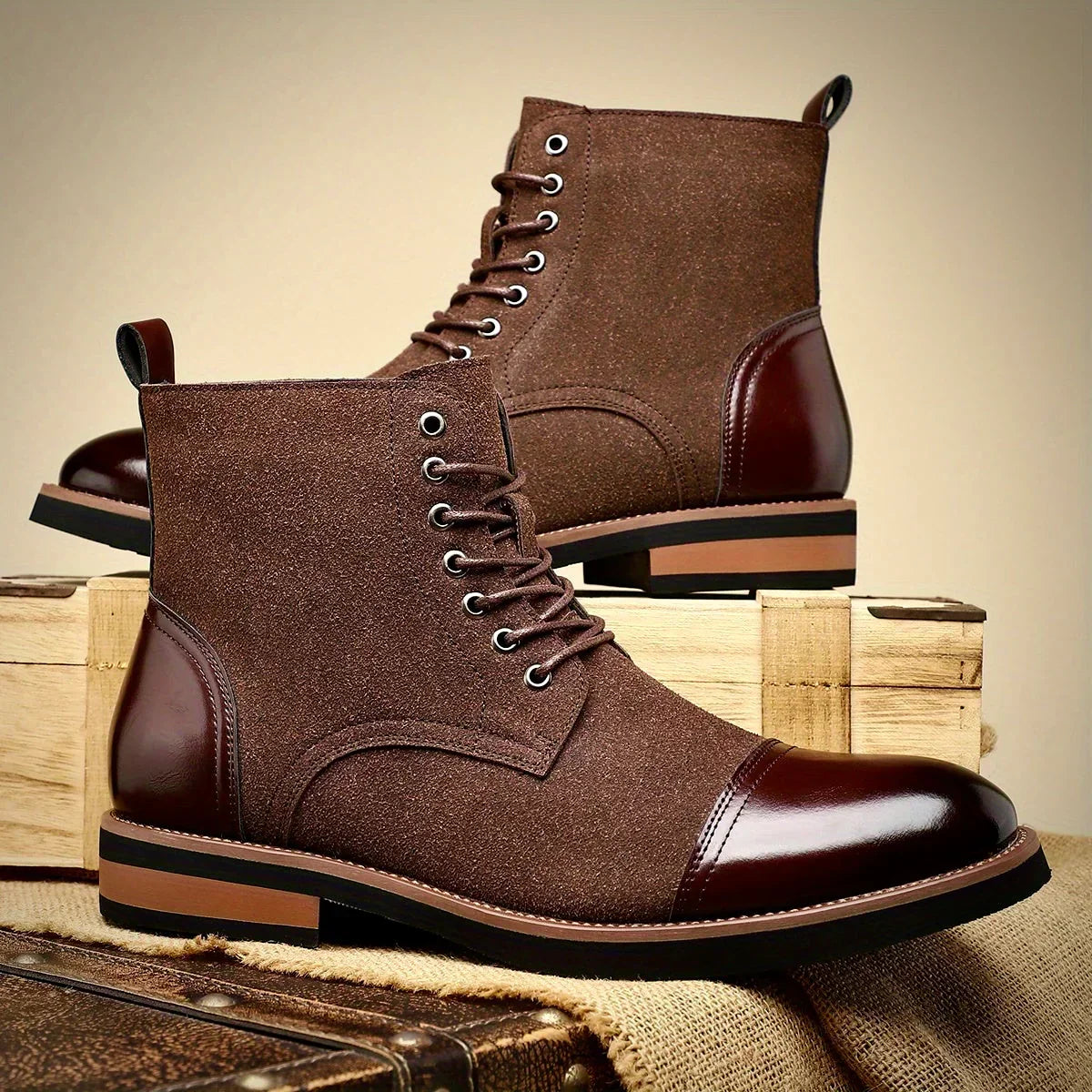 Men's Two Tone Cap Toe Boots in Coffee