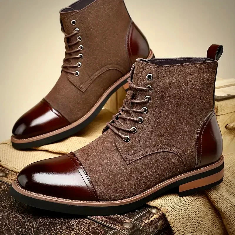 Men's Two Tone Cap Toe Boots – Suede Look Lace Up Ankle Boots