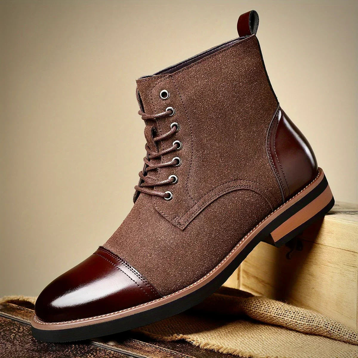 Men's Two Tone Cap Toe Boots – Suede Look Lace Up Ankle Boots
