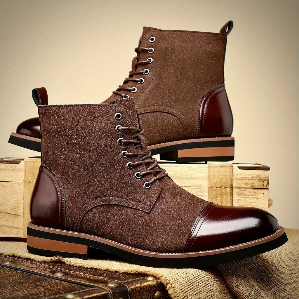 Men's Two Tone Cap Toe Boots – Suede Look Lace Up Ankle Boots