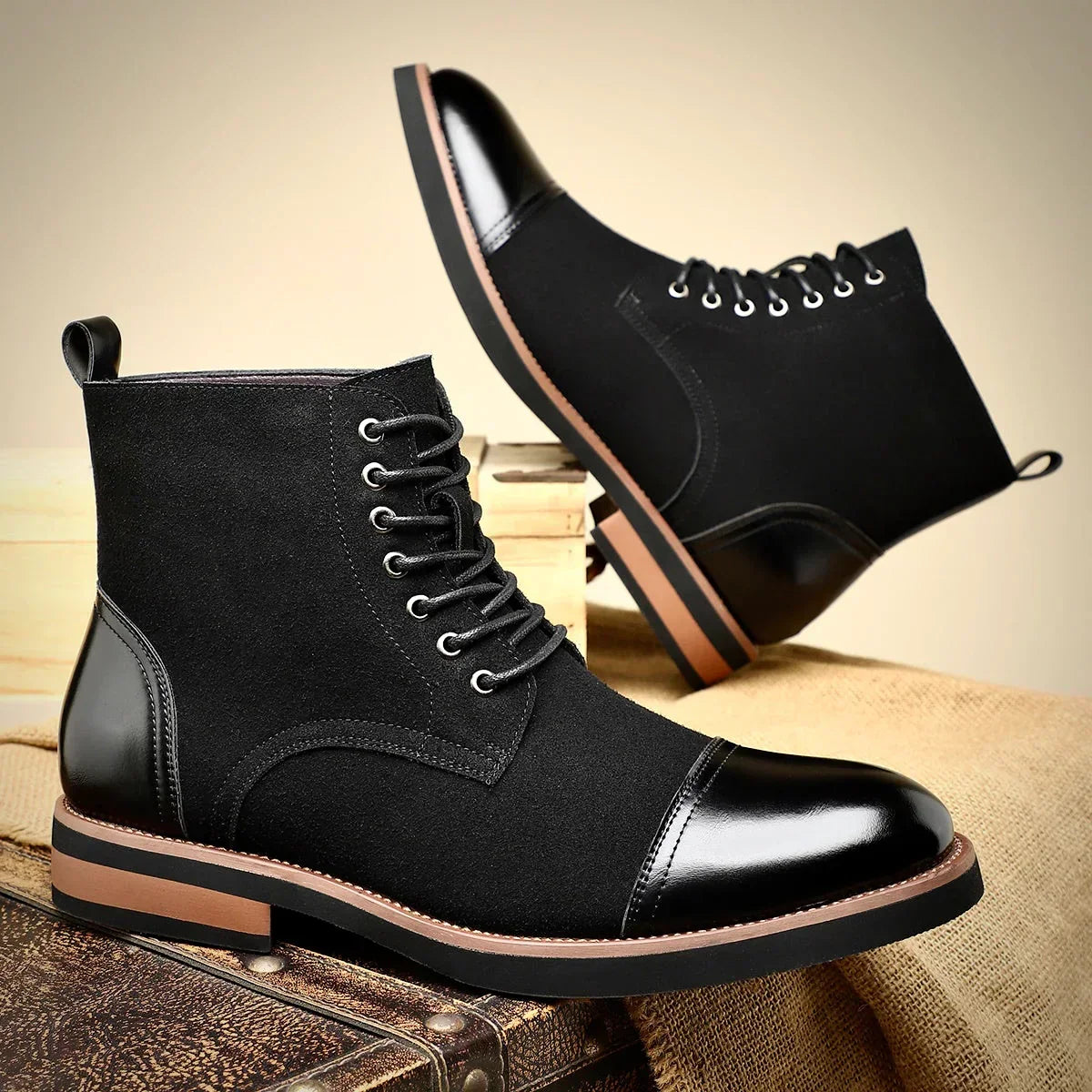 Men's Two Tone Cap Toe Boots in Black