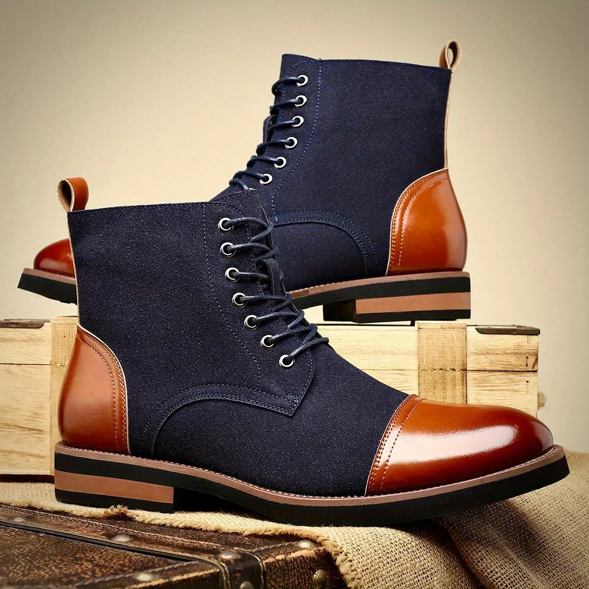 Men's Two Tone Cap Toe Boots – Suede Look Lace Up Ankle Boots