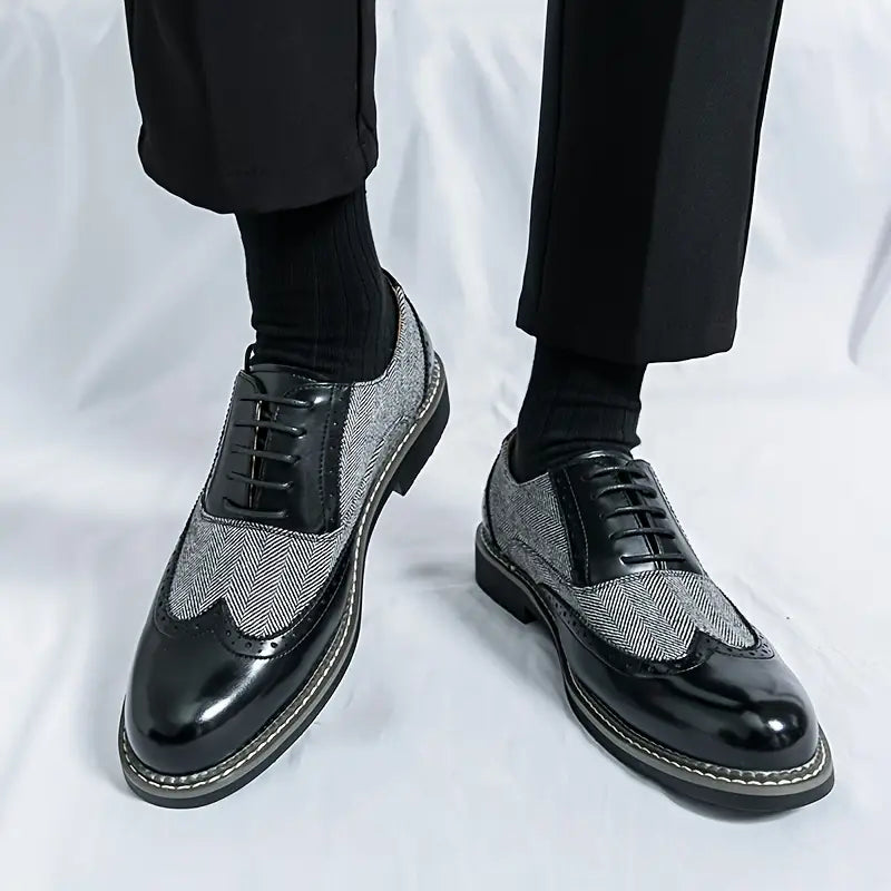 Men's Tweed Panel Brogues – Herringbone Wingtip Lace Up Shoes