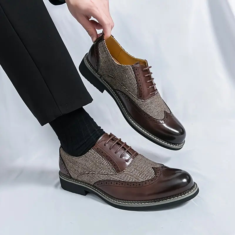Men's Tweed Panel Brogues – Herringbone Wingtip Lace Up Shoes