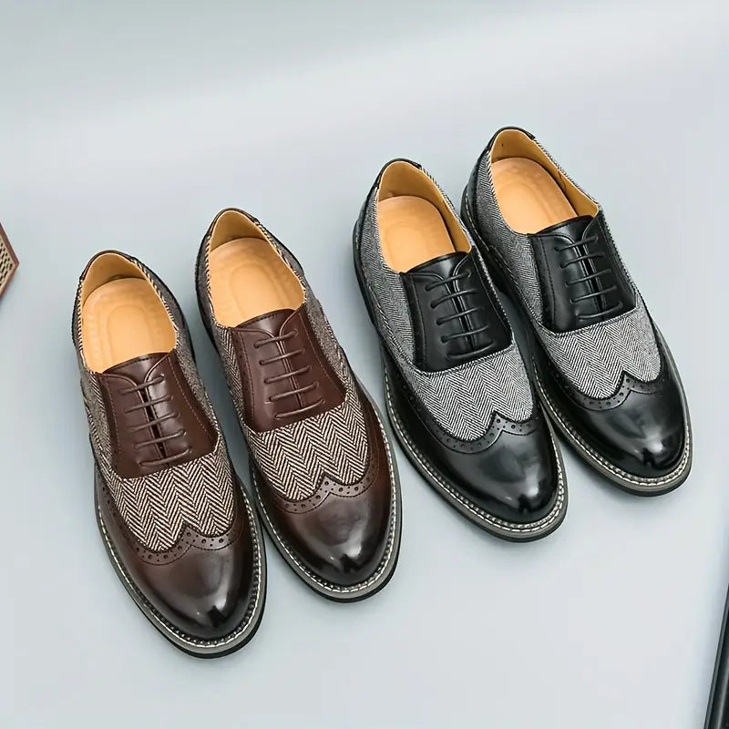 Men's Tweed Panel Brogues – Herringbone Wingtip Lace Up Shoes