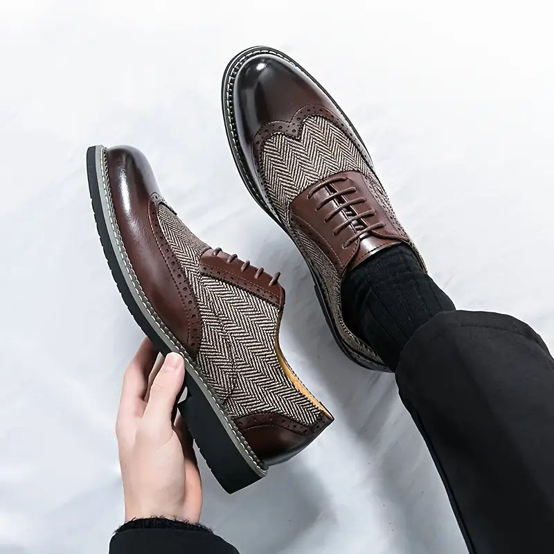 Men's Tweed Panel Brogues – Herringbone Wingtip Lace Up Shoes