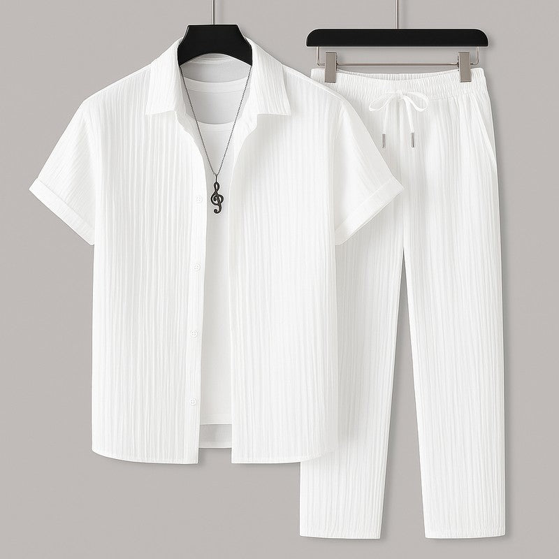 Men's Relaxed Textured Lounge Set Drawstring Trousers and Breathable Shirt