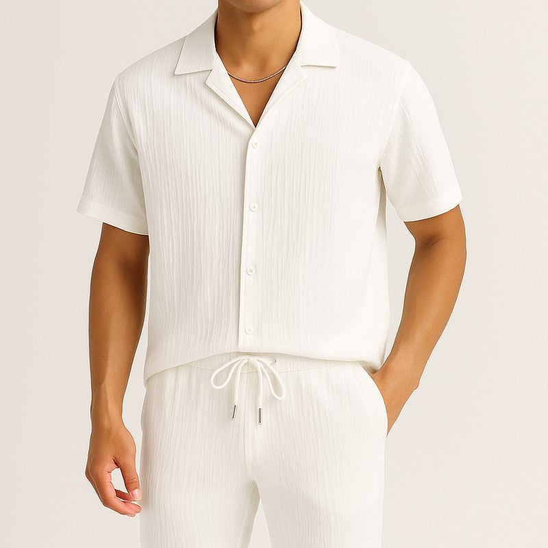 Men's Relaxed Textured Lounge Set Drawstring Trousers and Breathable Shirt