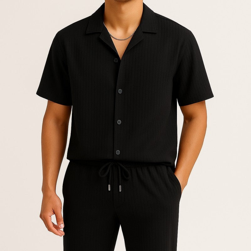 Men's Relaxed Textured Lounge Set Drawstring Trousers and Breathable Shirt